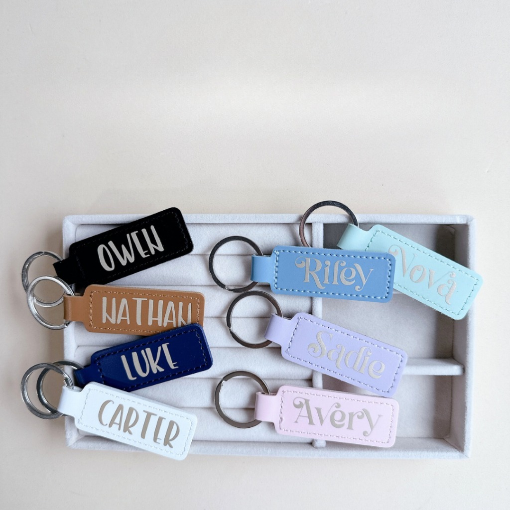 Personalised Customised Vegan Leather Silver Keychain Name Label Tag Bag Accessory Gift Present