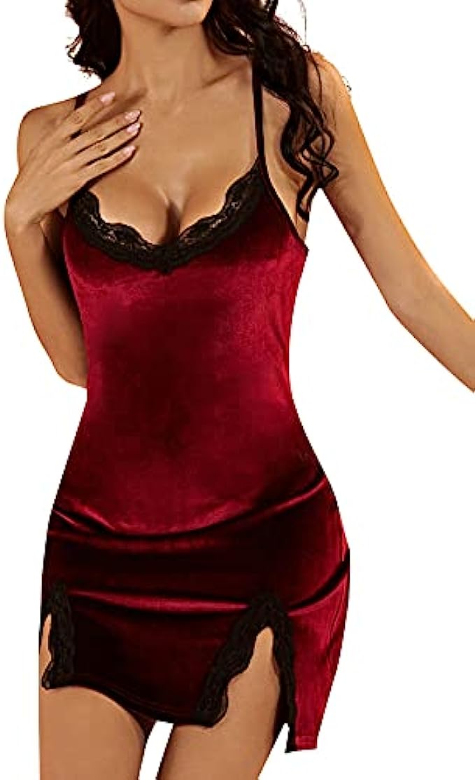 LYANER Women&#039;s Contrast Lace Split Hem Sleeveless Velvet Chemise Nightgown Nightdress Sleepwear