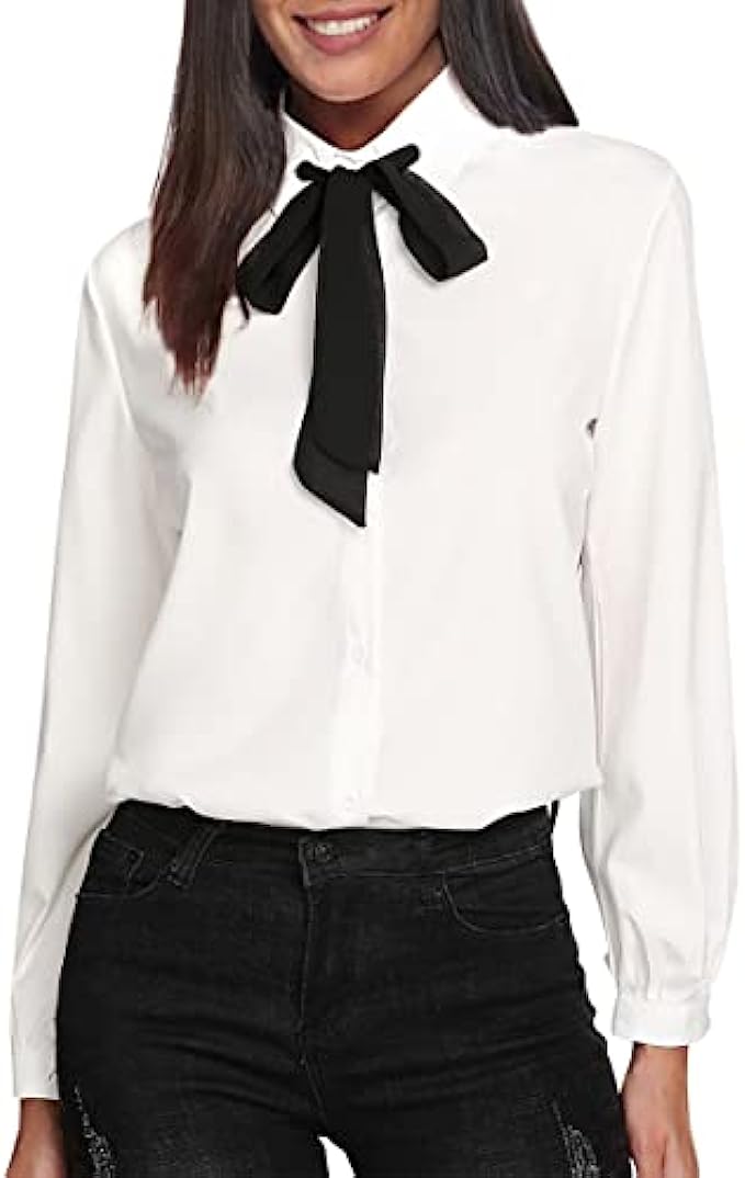 SheIn Women&#039;s Bow Tie Neck Ruffle Long Sleeve Chiffon Shirt Blouse Top