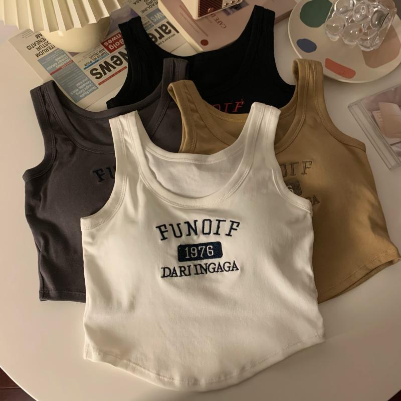 Retro embroidered inner straps with chest pads vest summer new slim hot girl beautiful back tube top bottoming top female vest sleeveless top hot girl style