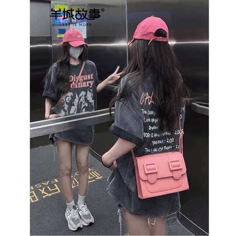 [Yangcheng Story] 100% cotton T-shirt short-sleeved top washed and distressed American retro top oversize design top short sleeve tie-dye summer clothes