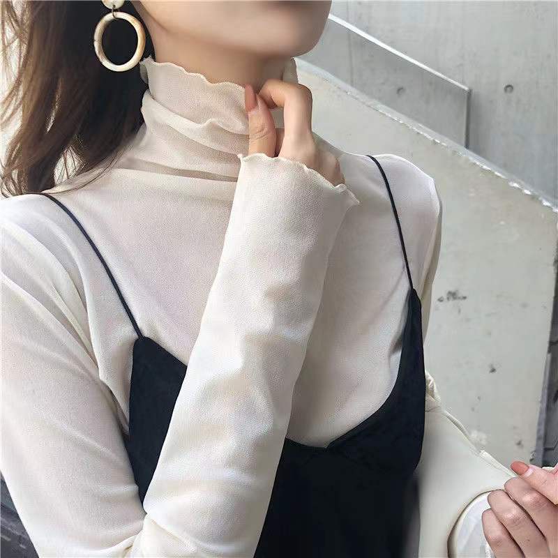 ☁️Inner wear king skin-transparent base top new ins retro high collar skin-friendly inner wear mesh top fairy long sleeve lace base shirt female girls top Korean INS style