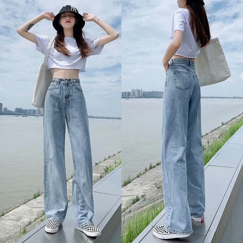 XS-2XL store manager recommended! Preferred high waist wide leg jeans Women's large size slimming loose mopping trousers Adjustable waistband design High waist denim trousers Korean style
