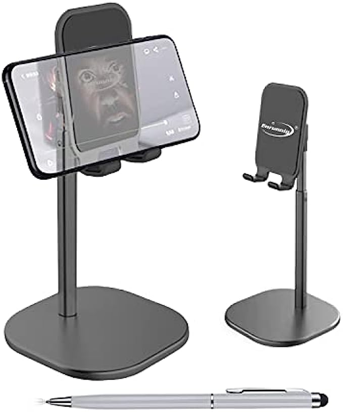 Cell Phone Stand, Phone Stand for Desk, Height Angle Adjustable Mobile Phone Holder, Aluminum Weighted Base Compatible with iPhone 13 Pro XS XR, 4-10&#039;&#039; Cellphone &amp; Tablet