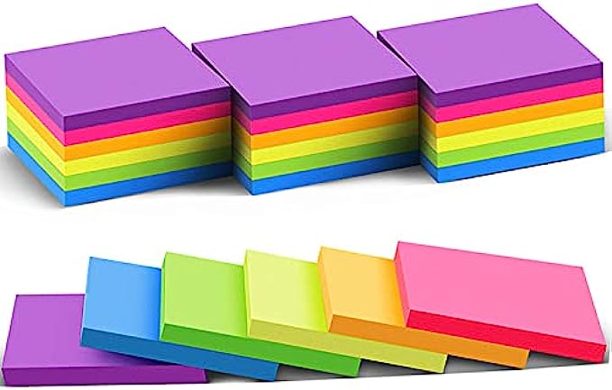 (24 Pack) Sticky Notes 3x3 in Post Bright Stickies Colorful Super Sticking Power Memo Pads, Strong Adhesive, 74 Sheets/pad
