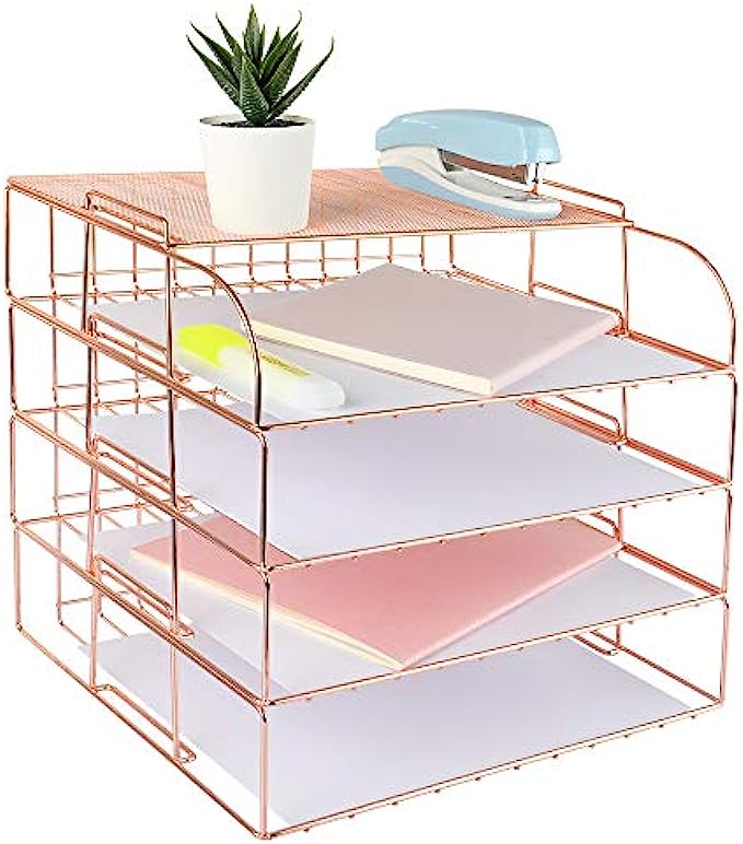 Spacrea Letter Tray, 4 Tier Rose Gold Desk Organizers and Accessories for Women, Stackable Paper Tray Organizer Desk File Organizer with 1 Upper Display Shelf (Rose Gold)