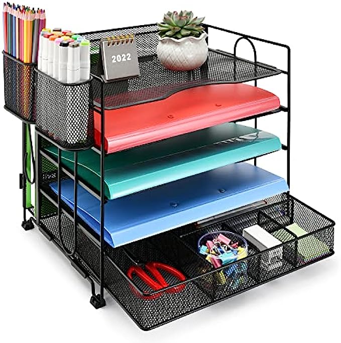5 Tier Office Desk Organizer, Paper Letter Tray Organizer, Desktop File Organizer with Extra Drawer and 2 Pen Holders, Mesh Office Supplies Desk Organizer for Home Office