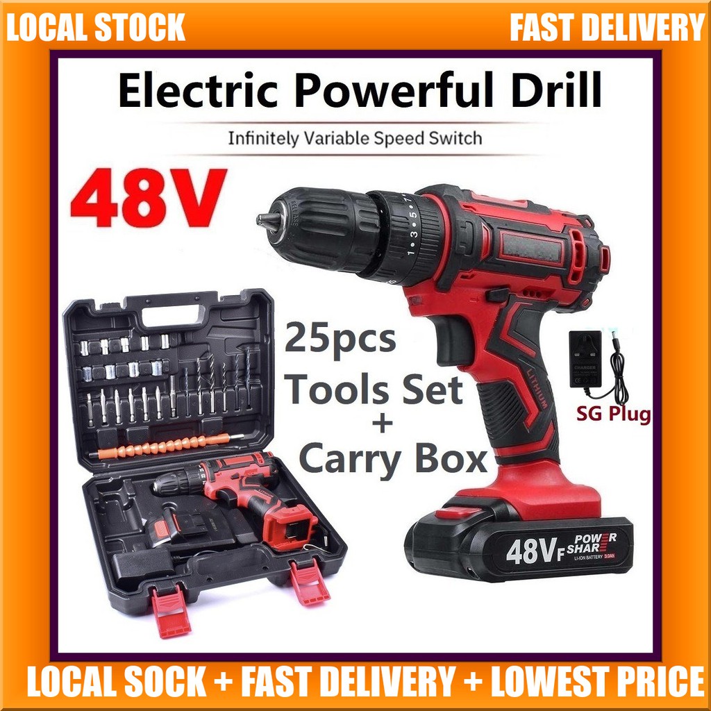 48V Cordless Drill Electric Drill Wall Drill with 25 Pieces Tools Set 25 Torque level LED 