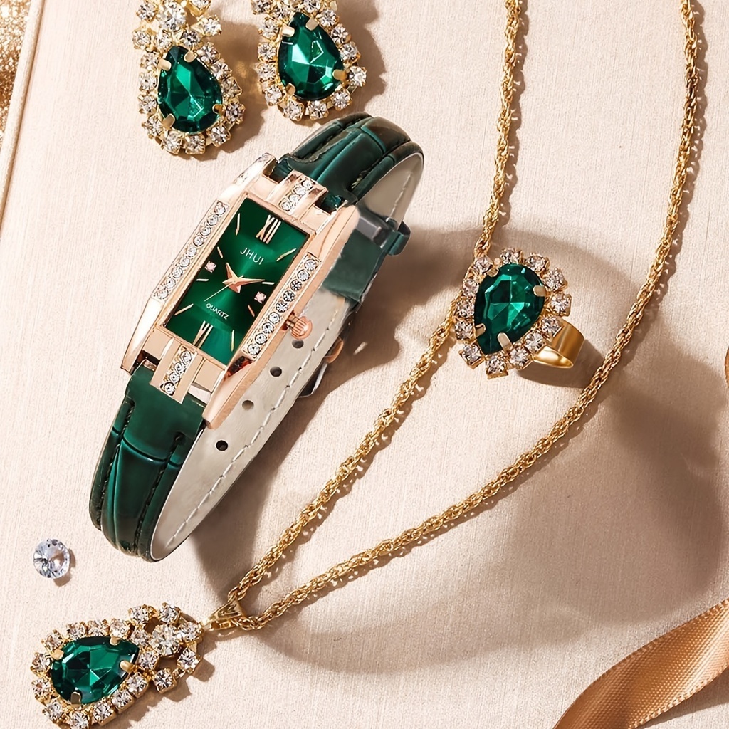 Kegllect Women Watch Set Rhinestone Quartz Watches Ladies Square Dial Jewelry Set Gift for Mom Her