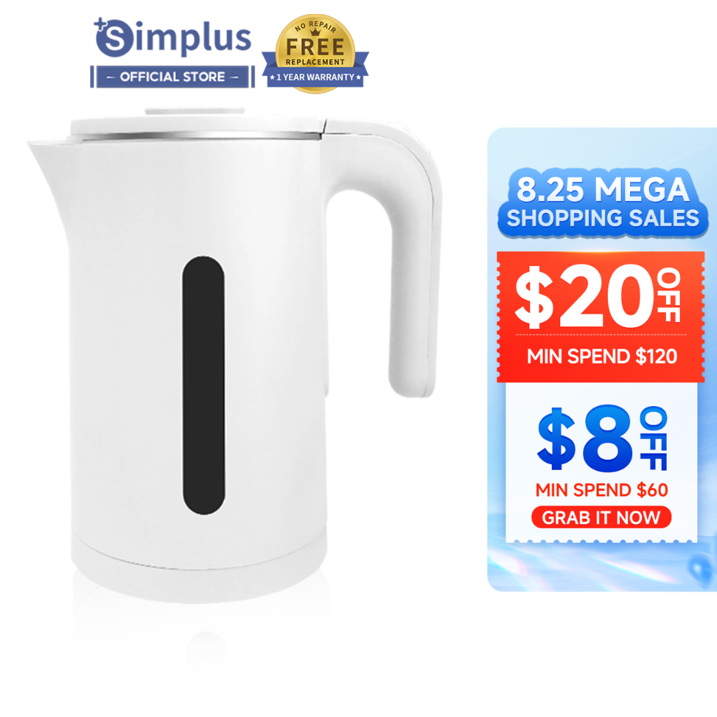 Simplus 1.8L Electric Kettle 1500w 304 Stainless Steel Auto Power Off Boil-Dry Protection Dual Insulated Body DRSH002